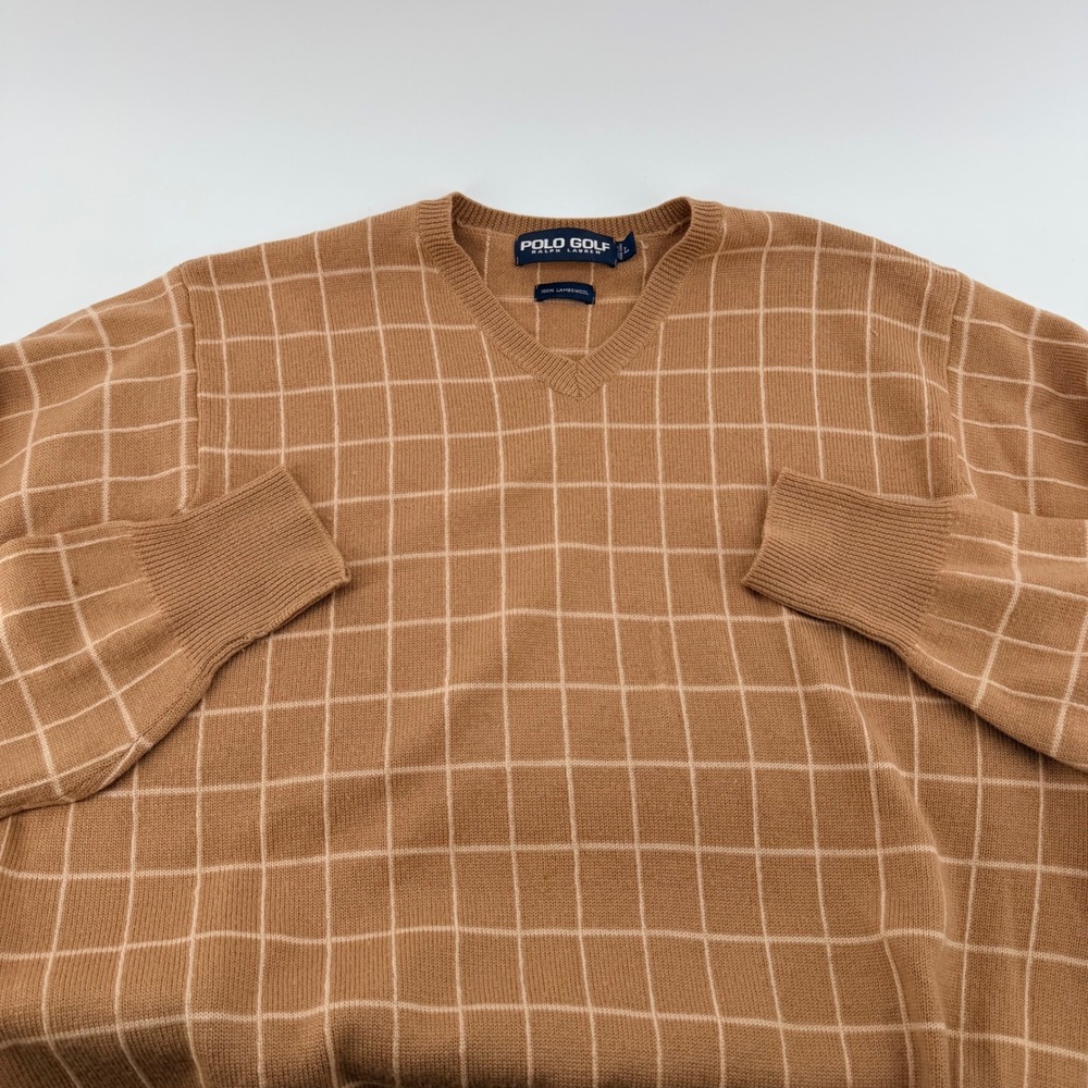 Polo Golf Ralph Lauren Lambswool V-Neck Windowpane Sweater Large Tan Brown